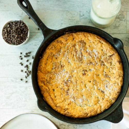 Chewy Sea Salt Chocolate Chip Pie made in a cast iron skillet